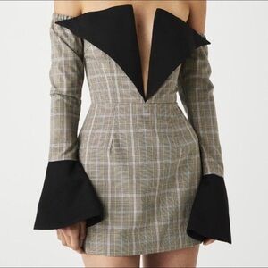 Atoir plaid mini off-the-shoulder dress with black velvet deep v-neck collar